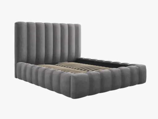 ŁÓŻKO Kelp tapicerowane, pionowe przeszycia, falista krawędź, szara tkanina, designerski styl, piękne