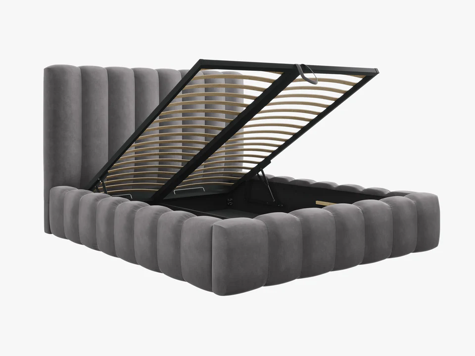 ŁÓŻKO Kelp tapicerowane, pionowe przeszycia, falista krawędź, szara tkanina, designerski styl, premium ŁÓŻKO Kelp tapicerowane, pionowe przeszycia, falista krawędź, szara tkanina, designerski styl, premium