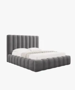 ŁÓŻKO Kelp tapicerowane, pionowe przeszycia, falista krawędź, szara tkanina, designerski styl
