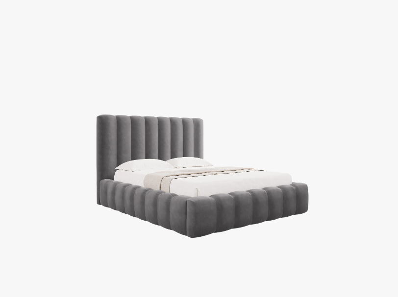 ŁÓŻKO Kelp tapicerowane, pionowe przeszycia, falista krawędź, szara tkanina, designerski styl ŁÓŻKO Kelp tapicerowane, pionowe przeszycia, falista krawędź, szara tkanina, designerski styl