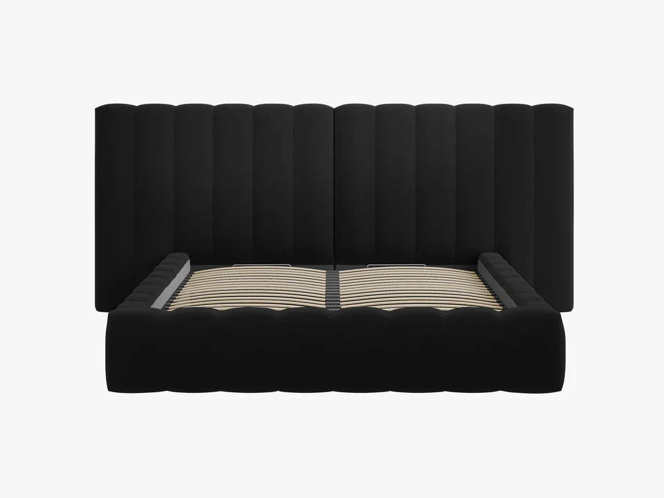 ŁÓŻKO Kelp tapicerowane, z podwójnym wezgłowiem, pionowe przeszycia, falista krawędź, czarna tkanina, designerski styl, ekskluzywne ŁÓŻKO Kelp tapicerowane, z podwójnym wezgłowiem, pionowe przeszycia, falista krawędź, czarna tkanina, designerski styl, ekskluzywne