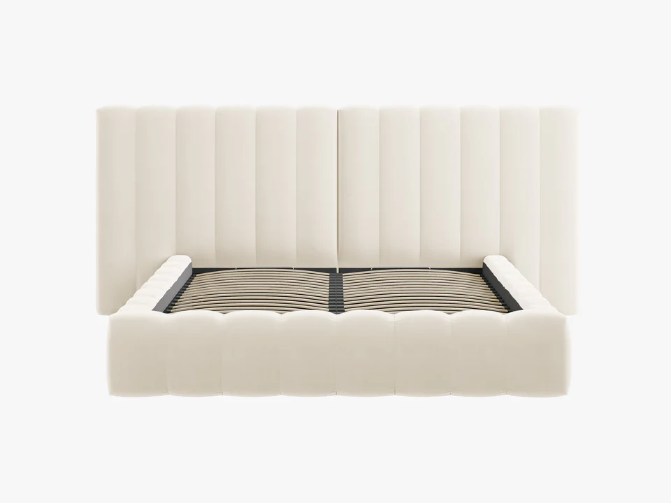 ŁÓŻKO Kelp tapicerowane, z podwójnym wezgłowiem, pionowe przeszycia, falista krawędź, jasnobeżowa tkanina, designerski styl, ekskluzywne ŁÓŻKO Kelp tapicerowane, z podwójnym wezgłowiem, pionowe przeszycia, falista krawędź, jasnobeżowa tkanina, designerski styl, ekskluzywne