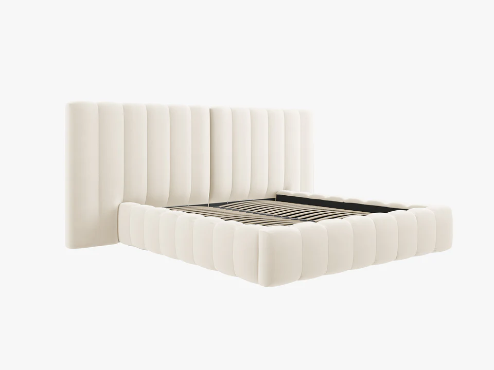 ŁÓŻKO Kelp tapicerowane, z podwójnym wezgłowiem, pionowe przeszycia, falista krawędź, jasnobeżowa tkanina, designerski styl, piękne ŁÓŻKO Kelp tapicerowane, z podwójnym wezgłowiem, pionowe przeszycia, falista krawędź, jasnobeżowa tkanina, designerski styl, piękne