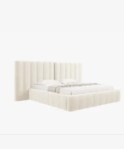 ŁÓŻKO Kelp tapicerowane, z podwójnym wezgłowiem, pionowe przeszycia, falista krawędź, jasnobeżowa tkanina, designerski styl