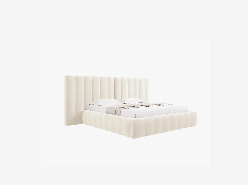 ŁÓŻKO Kelp tapicerowane, z podwójnym wezgłowiem, pionowe przeszycia, falista krawędź, jasnobeżowa tkanina, designerski styl ŁÓŻKO Kelp tapicerowane, z podwójnym wezgłowiem, pionowe przeszycia, falista krawędź, jasnobeżowa tkanina, designerski styl