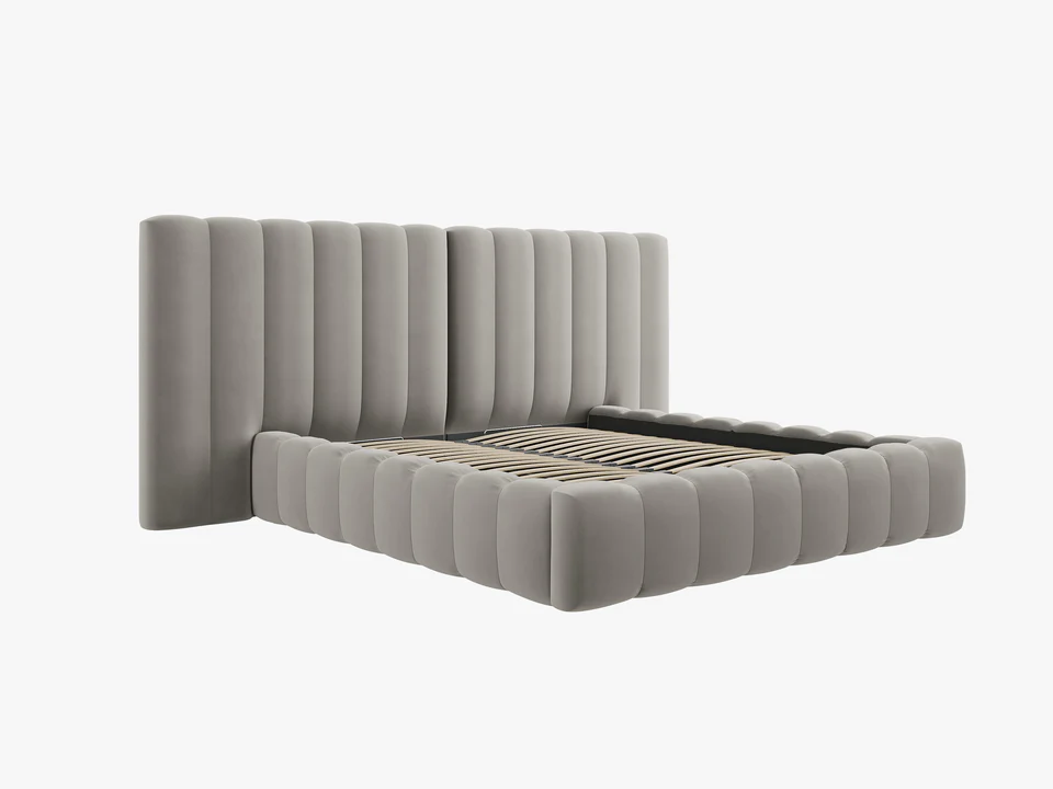 ŁÓŻKO Kelp tapicerowane, z podwójnym wezgłowiem, pionowe przeszycia, falista krawędź, jasnoszara tkanina, designerski styl, piękne ŁÓŻKO Kelp tapicerowane, z podwójnym wezgłowiem, pionowe przeszycia, falista krawędź, jasnoszara tkanina, designerski styl, piękne