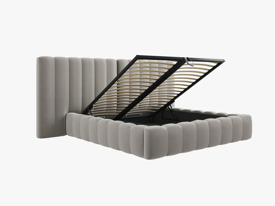 ŁÓŻKO Kelp tapicerowane, z podwójnym wezgłowiem, pionowe przeszycia, falista krawędź, jasnoszara tkanina, designerski styl, premium ŁÓŻKO Kelp tapicerowane, z podwójnym wezgłowiem, pionowe przeszycia, falista krawędź, jasnoszara tkanina, designerski styl, premium