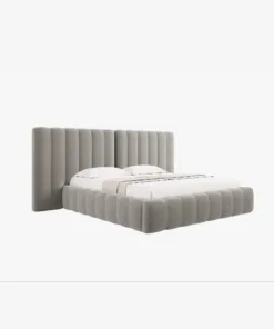 ŁÓŻKO Kelp tapicerowane, z podwójnym wezgłowiem, pionowe przeszycia, falista krawędź, jasnoszara tkanina, designerski styl