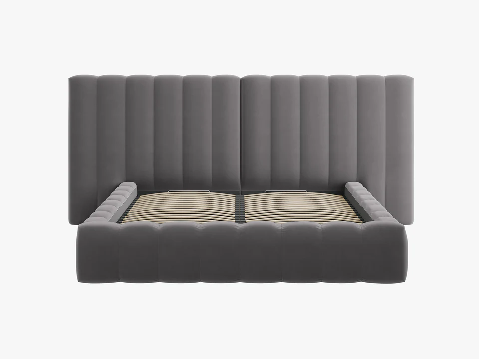 ŁÓŻKO Kelp tapicerowane, z podwójnym wezgłowiem, pionowe przeszycia, falista krawędź, szara tkanina, designerski styl, ekskluzywne ŁÓŻKO Kelp tapicerowane, z podwójnym wezgłowiem, pionowe przeszycia, falista krawędź, szara tkanina, designerski styl, ekskluzywne