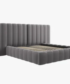 ŁÓŻKO Kelp tapicerowane, z podwójnym wezgłowiem, pionowe przeszycia, falista krawędź, szara tkanina, designerski styl, piękne