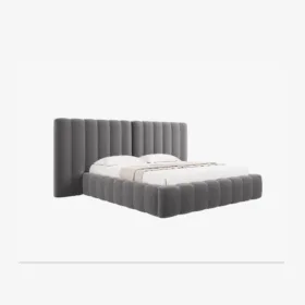 ŁÓŻKO Kelp tapicerowane, z podwójnym wezgłowiem, pionowe przeszycia, falista krawędź, szara tkanina, designerski styl