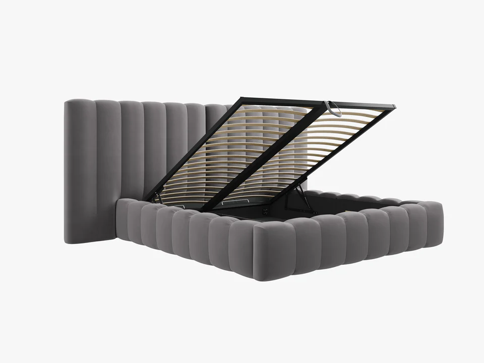 ŁÓŻKO Kelp tapicerowane, z podwójnym wezgłowiem, pionowe przeszycia, falista krawędź, szara tkanina, designerski styl, wyrafinowane ŁÓŻKO Kelp tapicerowane, z podwójnym wezgłowiem, pionowe przeszycia, falista krawędź, szara tkanina, designerski styl, wyrafinowane