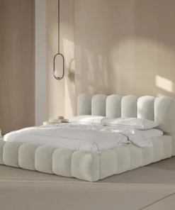 ŁÓŻKO Lupine tapicerowane, zaokrąglone kształty, piękne pionowe przeszycia, beżowa tkanina, designerski styl, do sypialni