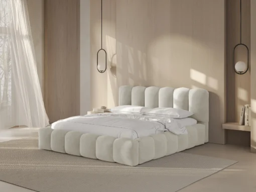 ŁÓŻKO Lupine tapicerowane, zaokrąglone kształty, piękne pionowe przeszycia, beżowa tkanina, designerski styl, do sypialni