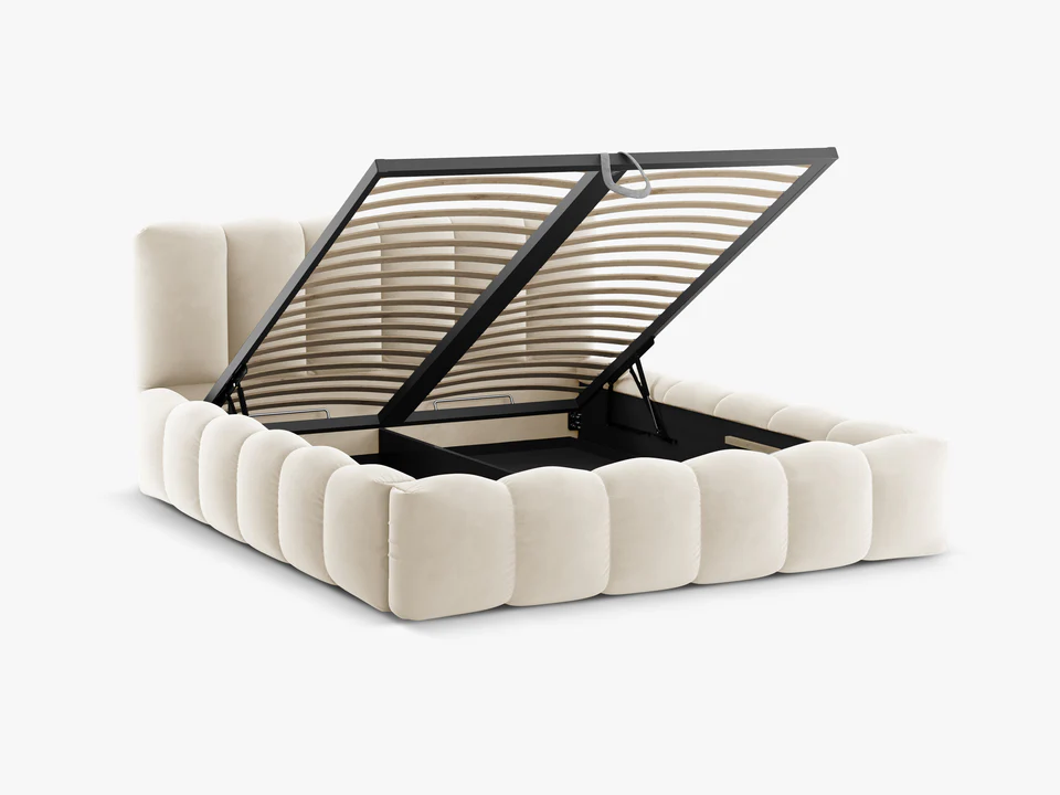 ŁÓŻKO Lupine tapicerowane, zaokrąglone kształty, piękne pionowe przeszycia, beżowa tkanina, designerski styl, ekskluzywne ŁÓŻKO Lupine tapicerowane, zaokrąglone kształty, piękne pionowe przeszycia, beżowa tkanina, designerski styl, ekskluzywne