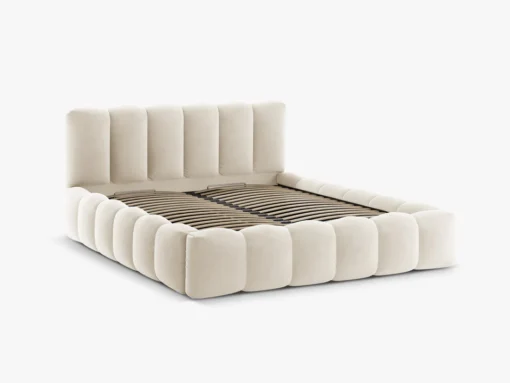 ŁÓŻKO Lupine tapicerowane, zaokrąglone kształty, piękne pionowe przeszycia, beżowa tkanina, designerski styl, piękne