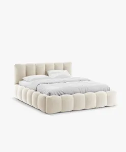 ŁÓŻKO Lupine tapicerowane, zaokrąglone kształty, piękne pionowe przeszycia, beżowa tkanina, designerski styl