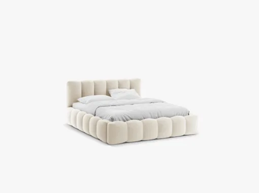 ŁÓŻKO Lupine tapicerowane, zaokrąglone kształty, piękne pionowe przeszycia, beżowa tkanina, designerski styl