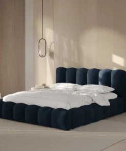 ŁÓŻKO Lupine tapicerowane, zaokrąglone kształty, piękne pionowe przeszycia, ciemnoniebieska tkanina, designerski styl, do sypialni