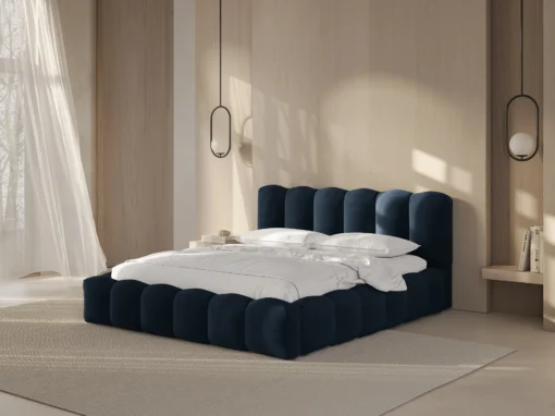 ŁÓŻKO Lupine tapicerowane, zaokrąglone kształty, piękne pionowe przeszycia, ciemnoniebieska tkanina, designerski styl, do sypialni