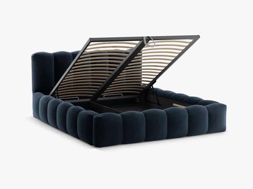 ŁÓŻKO Lupine tapicerowane, zaokrąglone kształty, piękne pionowe przeszycia, ciemnoniebieska tkanina, designerski styl, ekskluzywne ŁÓŻKO Lupine tapicerowane, zaokrąglone kształty, piękne pionowe przeszycia, ciemnoniebieska tkanina, designerski styl, ekskluzywne