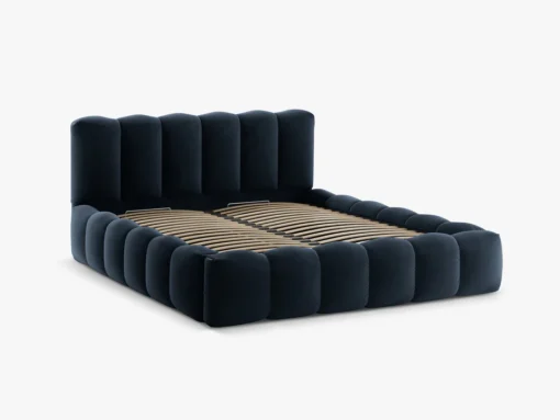 ŁÓŻKO Lupine tapicerowane, zaokrąglone kształty, piękne pionowe przeszycia, ciemnoniebieska tkanina, designerski styl, piękne