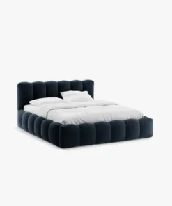 ŁÓŻKO Lupine tapicerowane, zaokrąglone kształty, piękne pionowe przeszycia, ciemnoniebieska tkanina, designerski styl