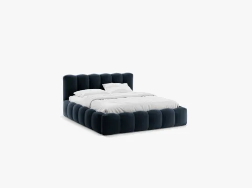 ŁÓŻKO Lupine tapicerowane, zaokrąglone kształty, piękne pionowe przeszycia, ciemnoniebieska tkanina, designerski styl