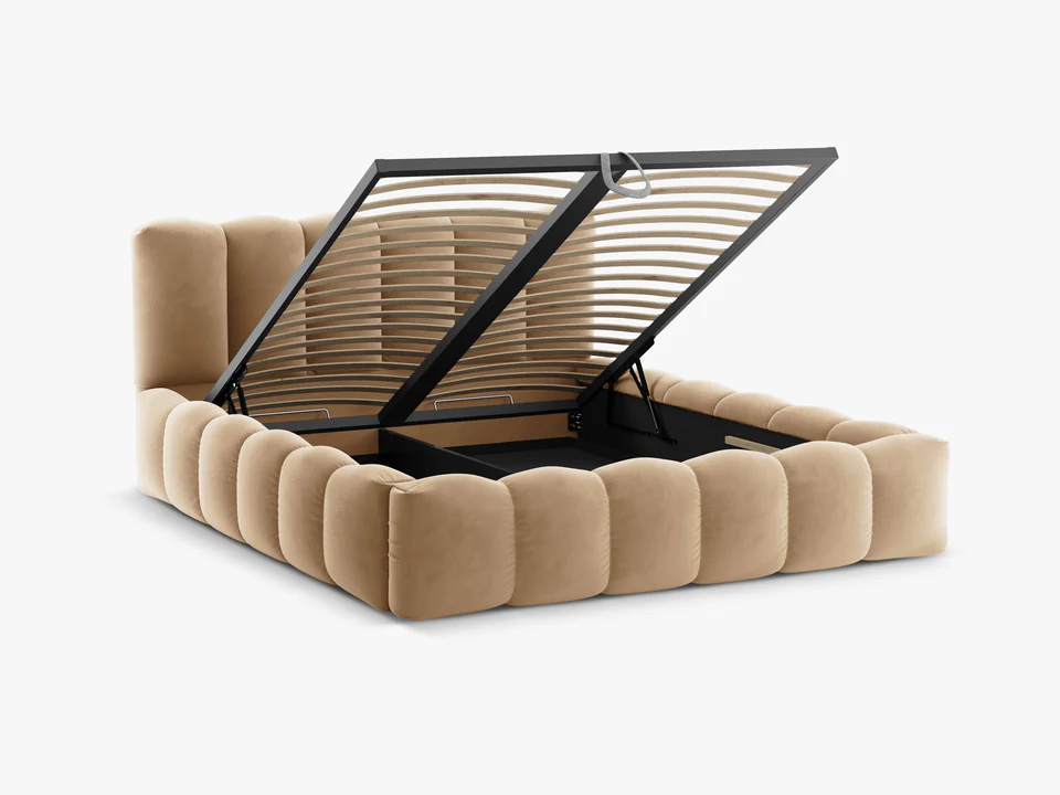 ŁÓŻKO Lupine tapicerowane, zaokrąglone kształty, piękne pionowe przeszycia, piaskowa tkanina, designerski styl, ekskluzywne ŁÓŻKO Lupine tapicerowane, zaokrąglone kształty, piękne pionowe przeszycia, piaskowa tkanina, designerski styl, ekskluzywne