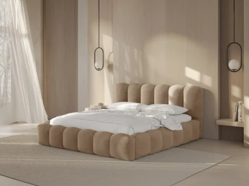 ŁÓŻKO Lupine tapicerowane, zaokrąglone kształty, piękne pionowe przeszycia, piaskowa tkanina, designerski styl, na zamówienie