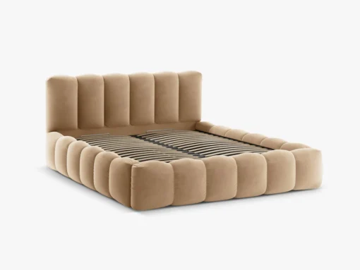 ŁÓŻKO Lupine tapicerowane, zaokrąglone kształty, piękne pionowe przeszycia, piaskowa tkanina, designerski styl, piękne