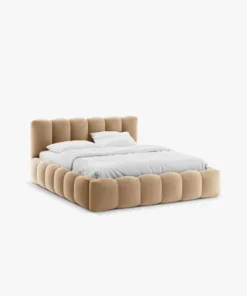 ŁÓŻKO Lupine tapicerowane, zaokrąglone kształty, piękne pionowe przeszycia, piaskowa tkanina, designerski styl