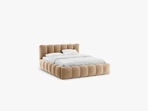 ŁÓŻKO Lupine tapicerowane, zaokrąglone kształty, piękne pionowe przeszycia, piaskowa tkanina, designerski styl