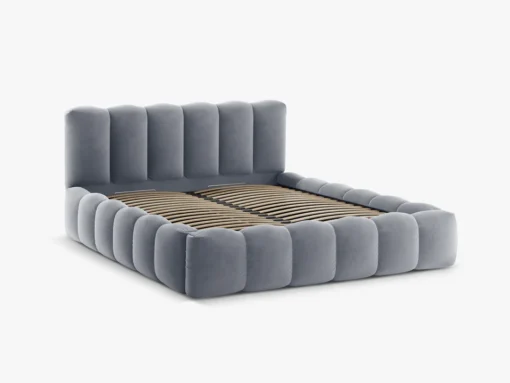 ŁÓŻKO Lupine tapicerowane, zaokrąglone kształty, piękne pionowe przeszycia, szara tkanina, designerski styl, piękne