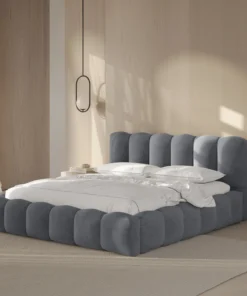 ŁÓŻKO Lupine tapicerowane, zaokrąglone kształty, piękne pionowe przeszycia, szara tkanina, designerski styl, premium