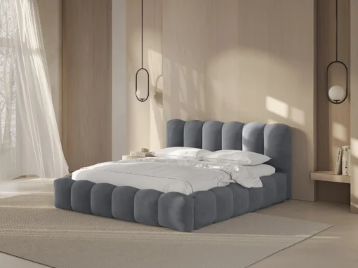 ŁÓŻKO Lupine tapicerowane, zaokrąglone kształty, piękne pionowe przeszycia, szara tkanina, designerski styl, premium