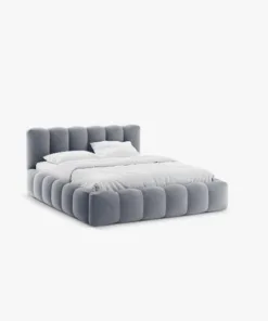 ŁÓŻKO Lupine tapicerowane, zaokrąglone kształty, piękne pionowe przeszycia, szara tkanina, designerski styl