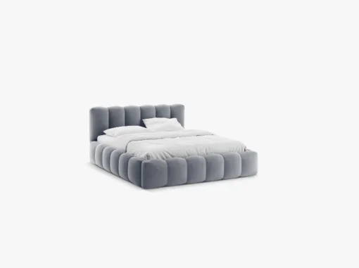 ŁÓŻKO Lupine tapicerowane, zaokrąglone kształty, piękne pionowe przeszycia, szara tkanina, designerski styl