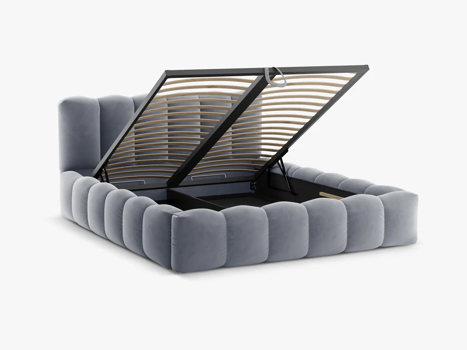 ŁÓŻKO Lupine tapicerowane, zaokrąglone kształty, piękne pionowe przeszycia, szara tkanina, designerski styl, wyjątkowe ŁÓŻKO Lupine tapicerowane, zaokrąglone kształty, piękne pionowe przeszycia, szara tkanina, designerski styl, wyjątkowe