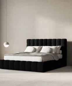 ŁÓŻKO Mamaia tapicerowane, designerskie przeszycia, czarna tkanina, designerski styl, ekskluzywne