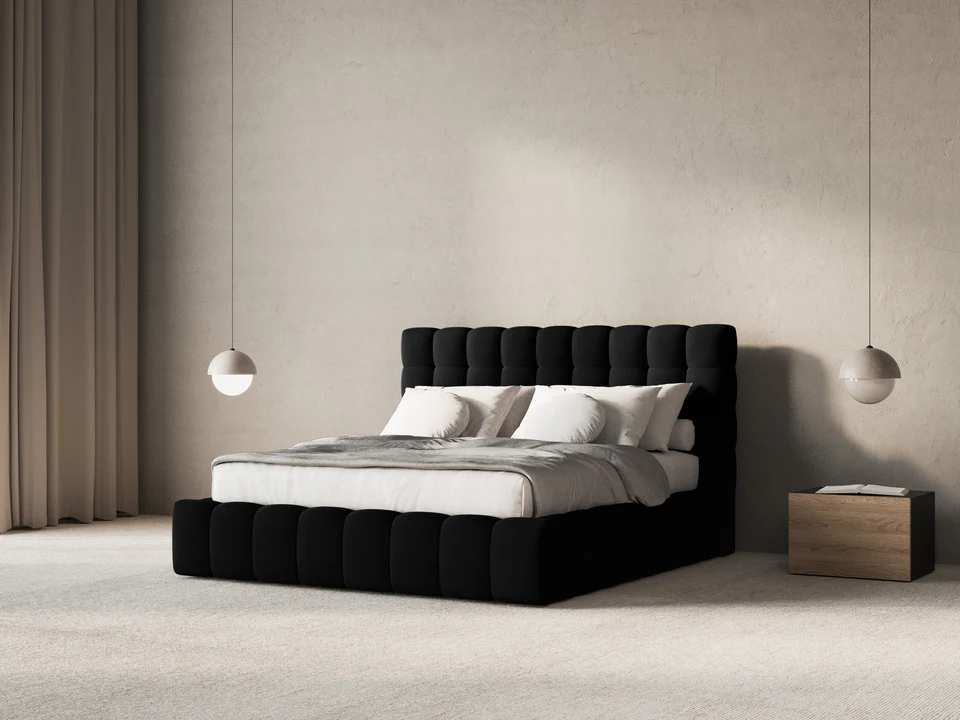 ŁÓŻKO Mamaia tapicerowane, designerskie przeszycia, czarna tkanina, designerski styl, ekskluzywne ŁÓŻKO Mamaia tapicerowane, designerskie przeszycia, czarna tkanina, designerski styl, ekskluzywne