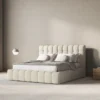 ŁÓŻKO Mamaia tapicerowane, designerskie przeszycia, jasnobeżowa tkanina, designerski styl, ekskluzywne