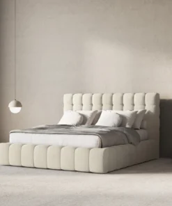 ŁÓŻKO Mamaia tapicerowane, designerskie przeszycia, jasnobeżowa tkanina, designerski styl, ekskluzywne