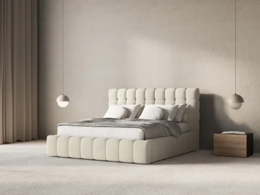 ŁÓŻKO Mamaia tapicerowane, designerskie przeszycia, jasnobeżowa tkanina, designerski styl, ekskluzywne