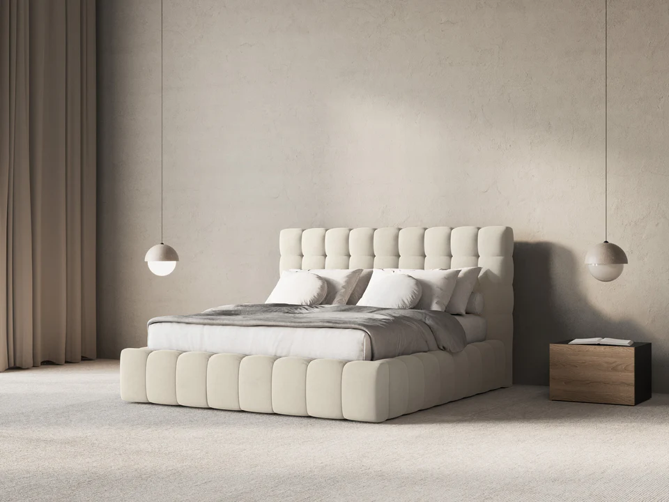 ŁÓŻKO Mamaia tapicerowane, designerskie przeszycia, jasnobeżowa tkanina, designerski styl, ekskluzywne ŁÓŻKO Mamaia tapicerowane, designerskie przeszycia, jasnobeżowa tkanina, designerski styl, ekskluzywne