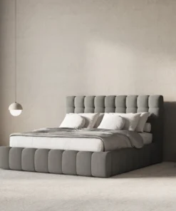 ŁÓŻKO Mamaia tapicerowane, designerskie przeszycia, jasnoszara tkanina, designerski styl, ekskluzywne