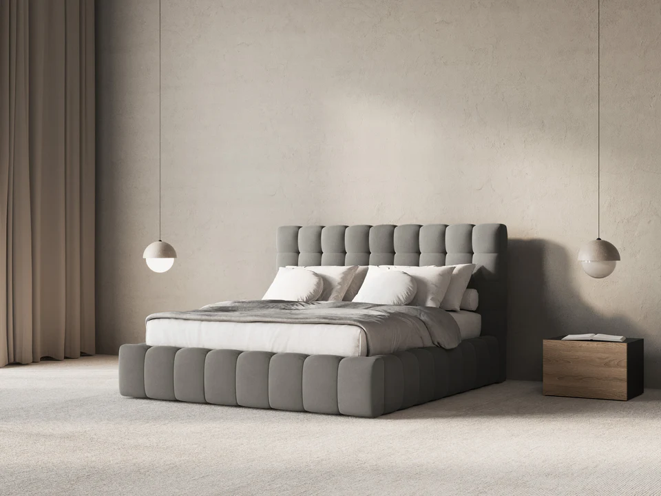 ŁÓŻKO Mamaia tapicerowane, designerskie przeszycia, jasnoszara tkanina, designerski styl, ekskluzywne ŁÓŻKO Mamaia tapicerowane, designerskie przeszycia, jasnoszara tkanina, designerski styl, ekskluzywne