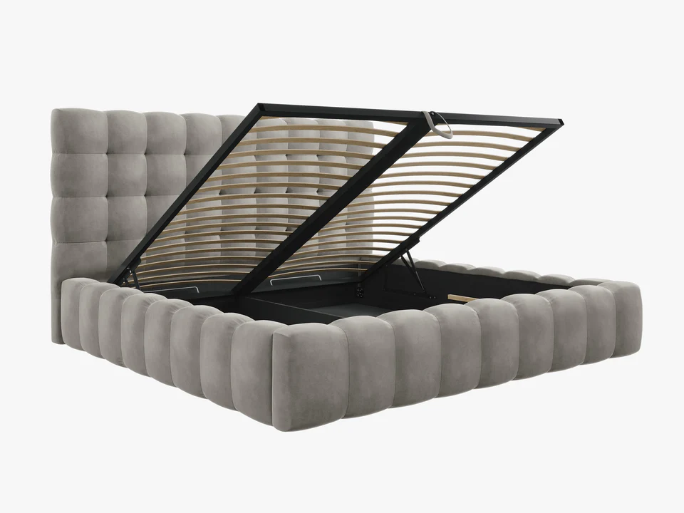 ŁÓŻKO Mamaia tapicerowane, designerskie przeszycia, jasnoszara tkanina, designerski styl, piękne ŁÓŻKO Mamaia tapicerowane, designerskie przeszycia, jasnoszara tkanina, designerski styl, piękne