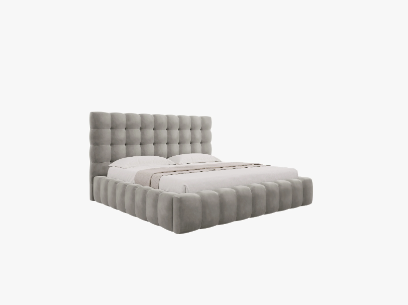 ŁÓŻKO Mamaia tapicerowane, designerskie przeszycia, jasnoszara tkanina, designerski styl ŁÓŻKO Mamaia tapicerowane, designerskie przeszycia, jasnoszara tkanina, designerski styl