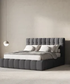 ŁÓŻKO Mamaia tapicerowane, designerskie przeszycia, szara tkanina, designerski styl, ekskluzywne